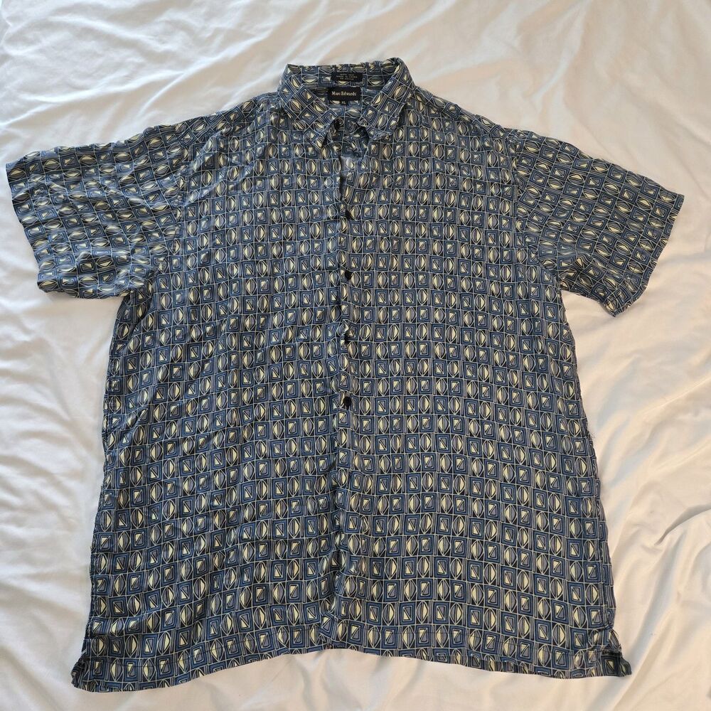 Marc Edwards 100% Silk Button Down Short Sleeve Retro Mens 80s 90s Style Size XL